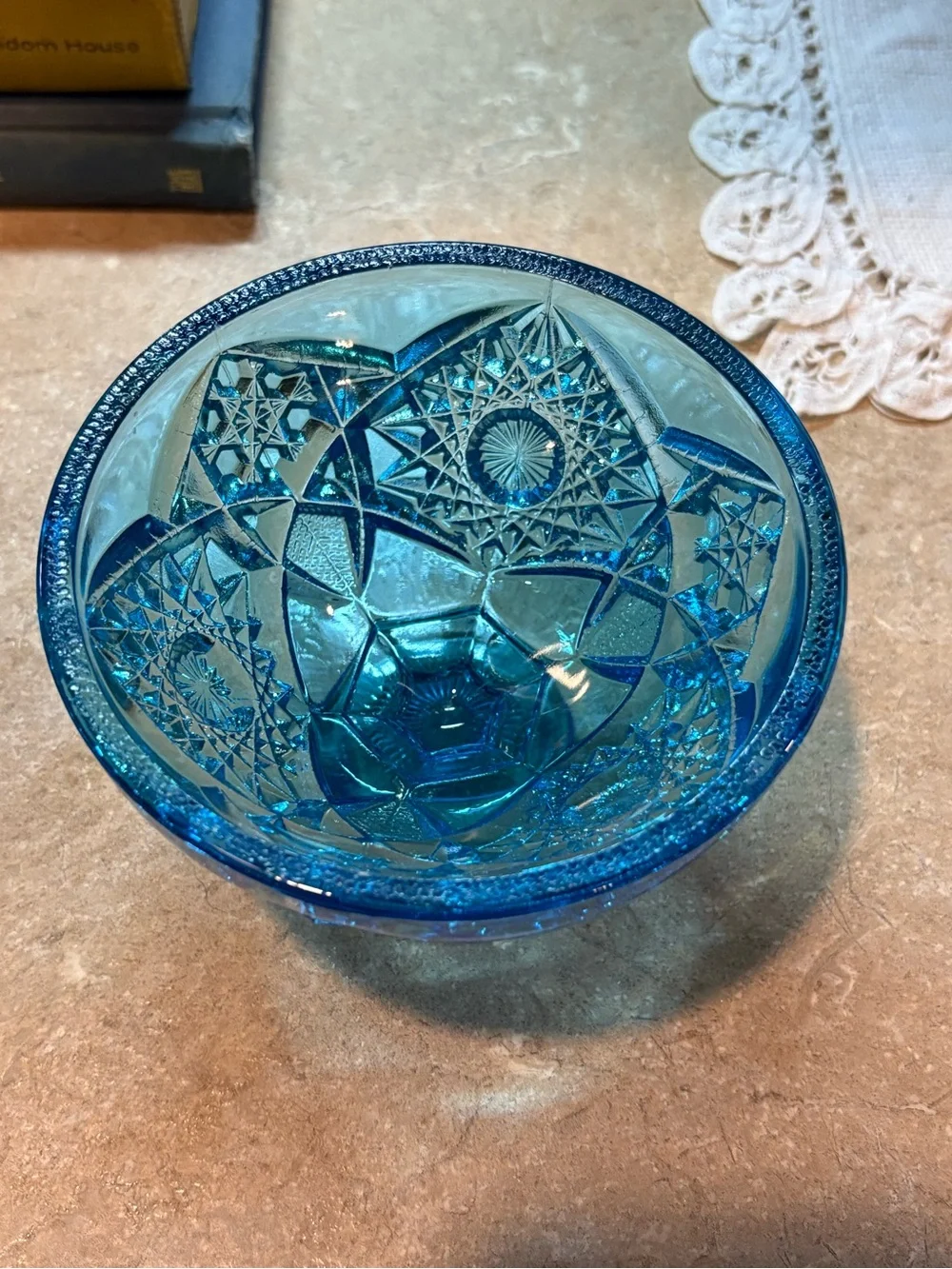 Kemple Glass Aqua Blue Hobstar & Fan Round Pedestal Compote Candy Dish w/ Lid